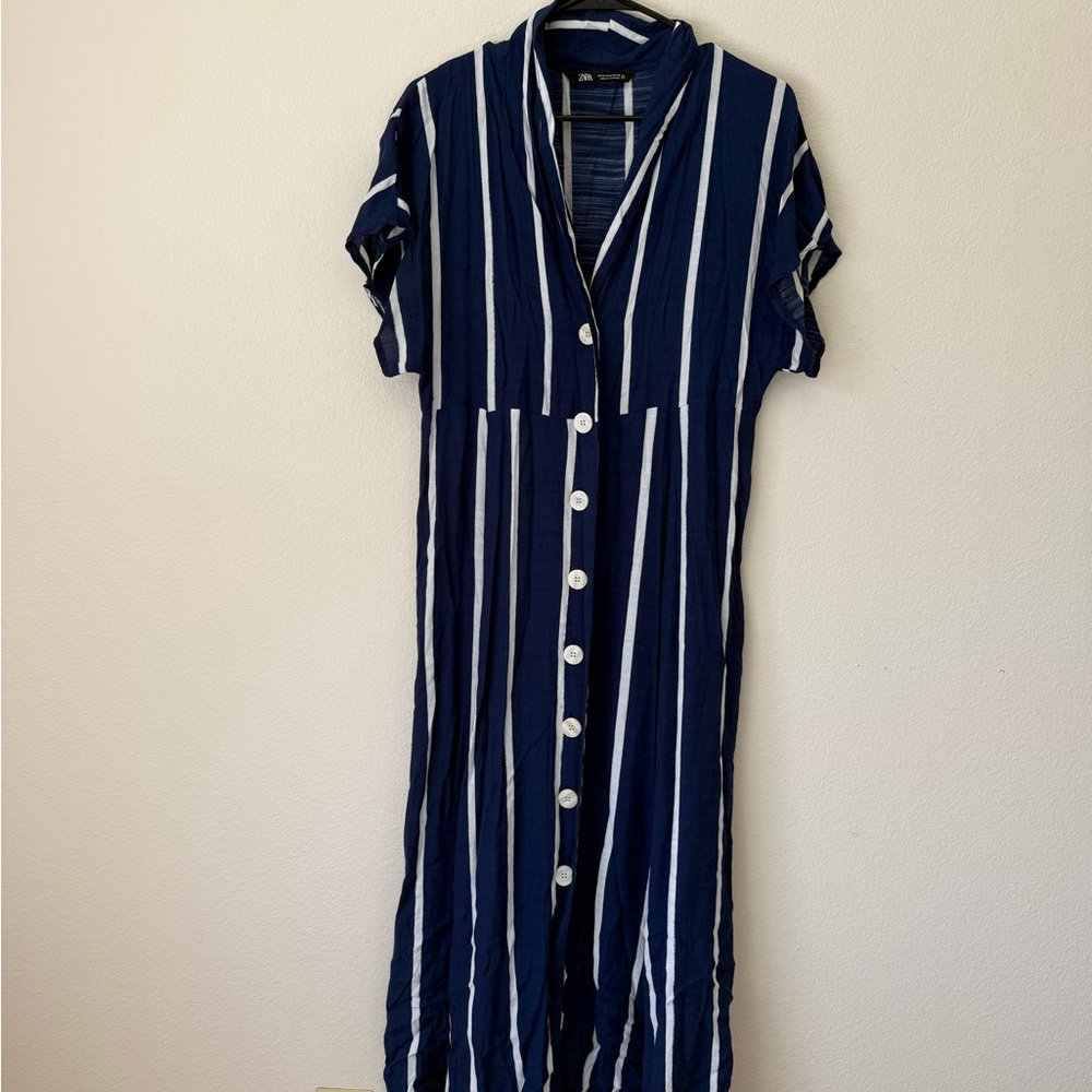 Zara Blue and White Striped Midi Dress